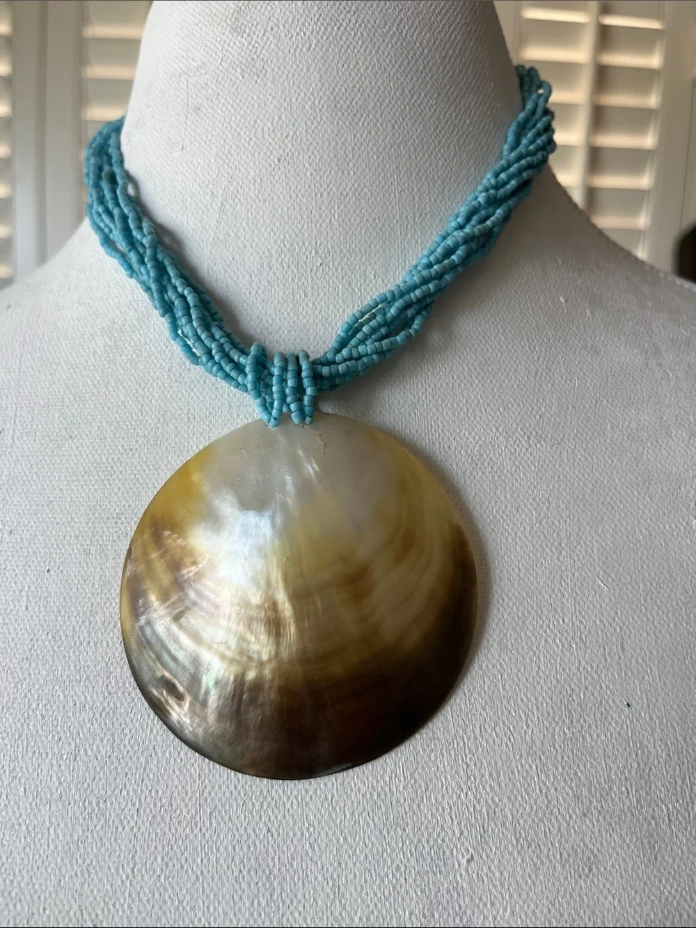 Vintage Capiz Shell Necklace | Multi-Strand Blue Beads | Coastal Boho Chic